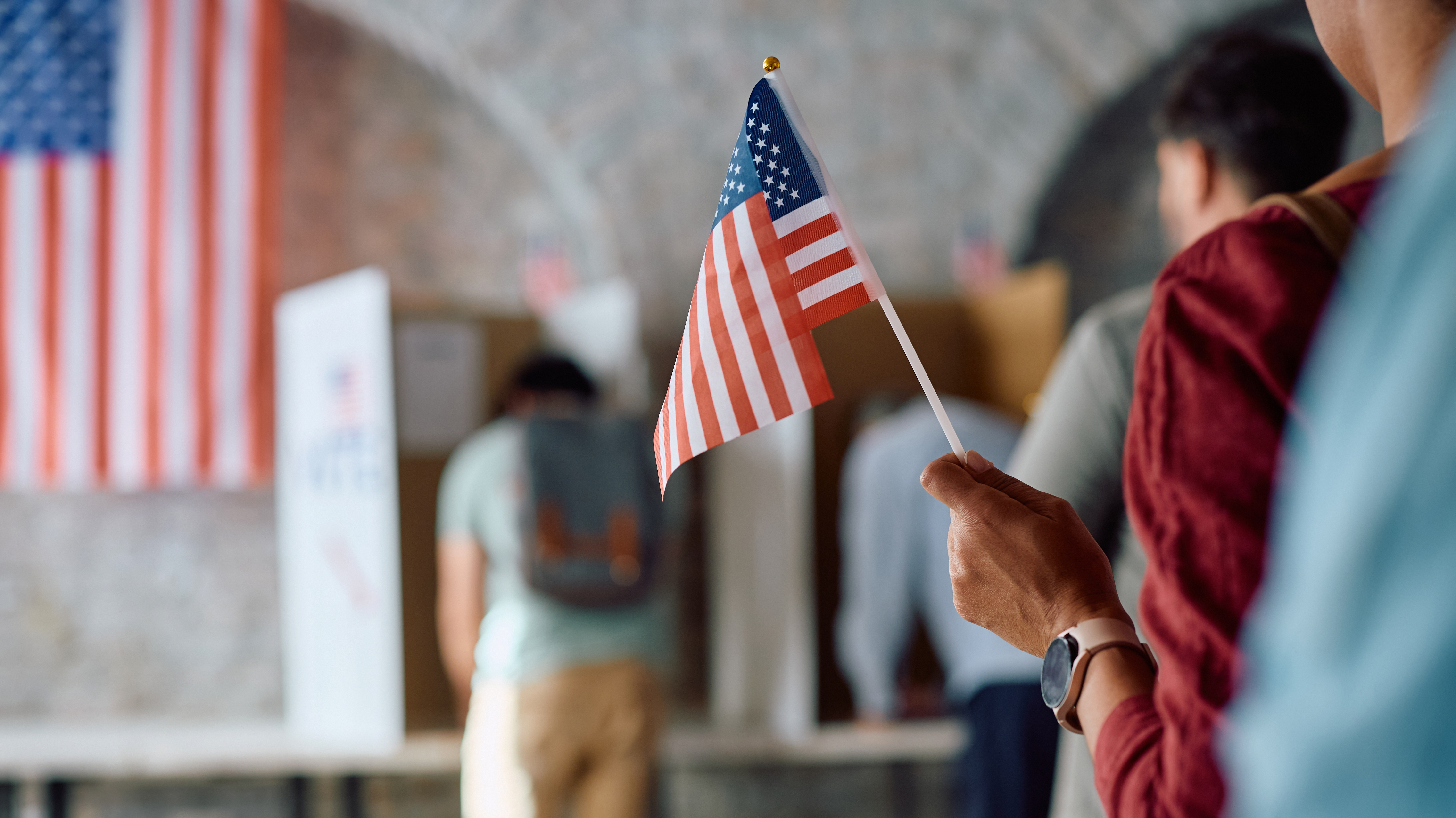 Image of American Flag held in voter's hand